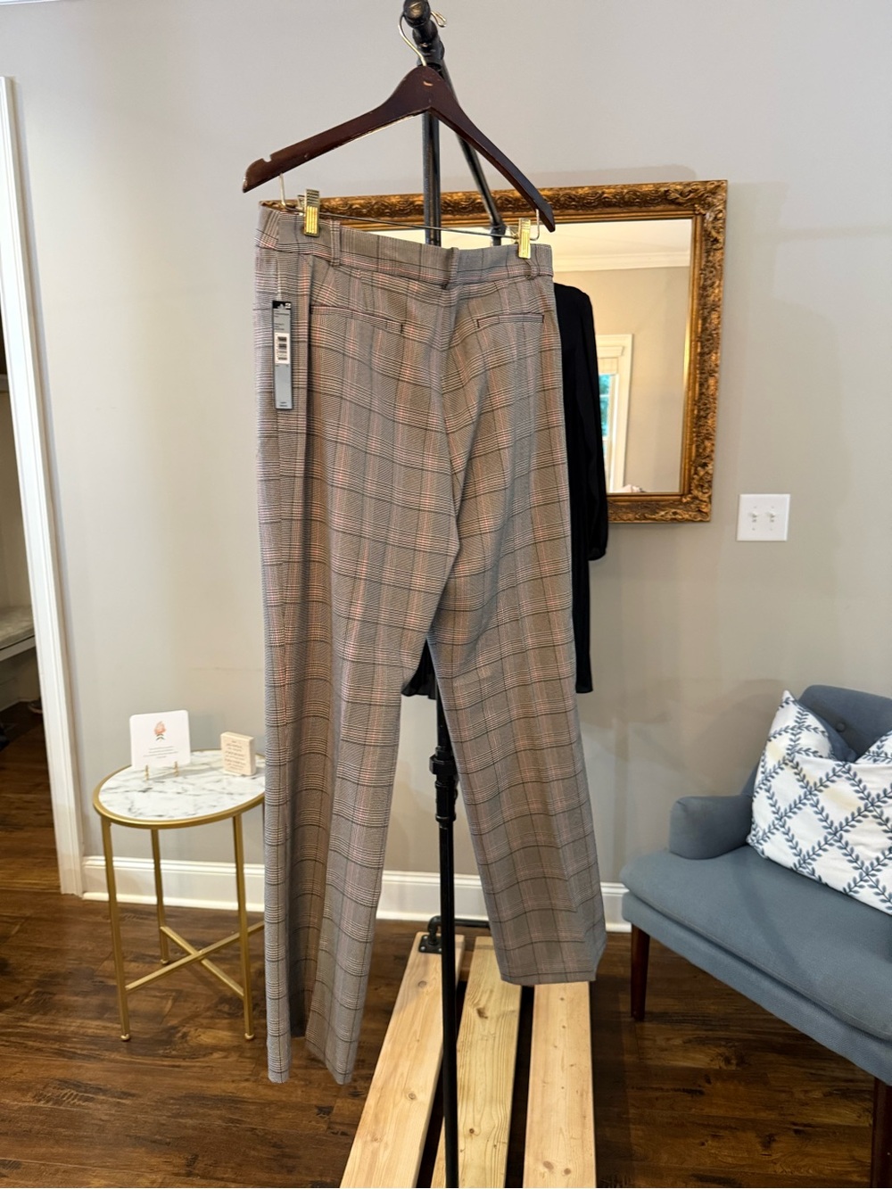 NWT Tahari ASL Plaid Straight-Leg Trousers in Brown and Tan with Pink Accent